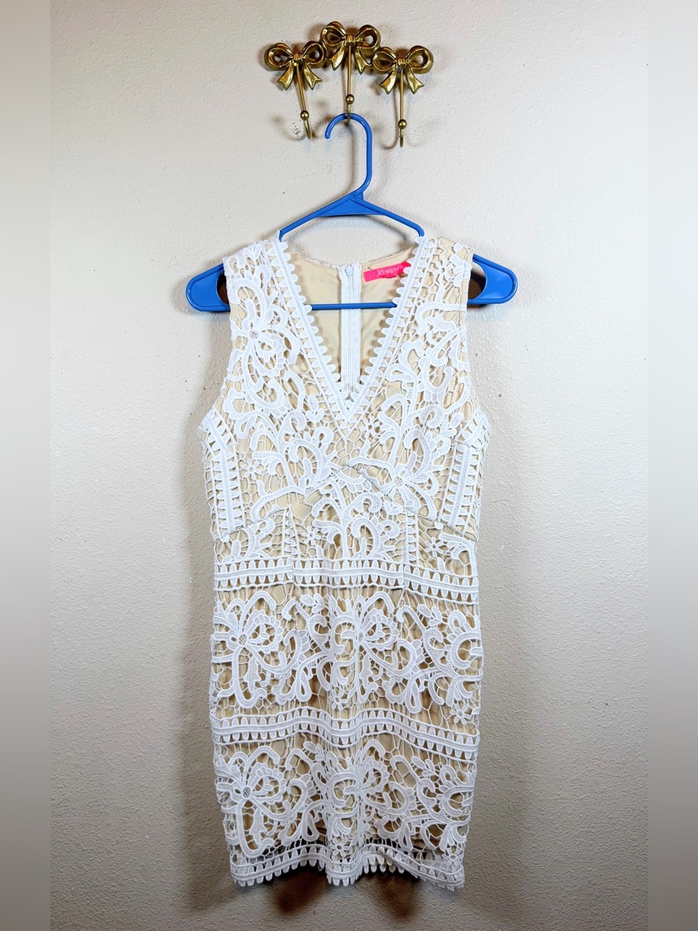 Xtaren White Crochet Lace with Nude Lining Mini Dress. Size M